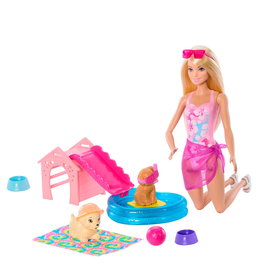 Barbie - Poupée et ensemble de jeu Piscine pour chiots Jbf35 - Avec piscine remplissable, toboggan et accessoires - Mattel
