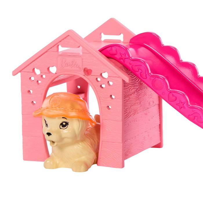 Barbie - Poupée et ensemble de jeu Piscine pour chiots Jbf35 - Avec piscine remplissable, toboggan et accessoires - Mattel