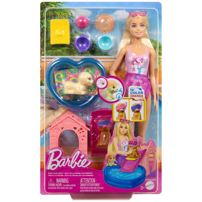 Barbie - Poupée et ensemble de jeu Piscine pour chiots Jbf35 - Avec piscine remplissable, toboggan et accessoires - Mattel