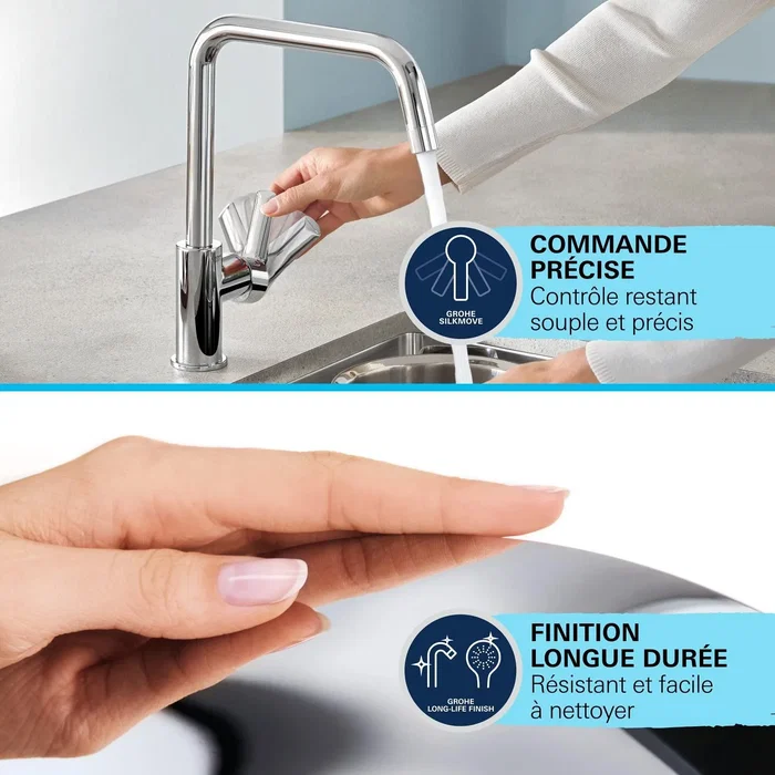 Grohe - Mitigeur de cuisine GET chromé - Bec en C, bec haut - Rotation 150° - Hauteur sous bec 225 mm - Évier