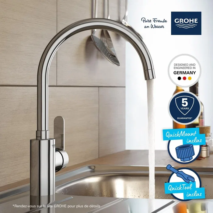 Grohe - Mitigeur de cuisine GET chromé - Bec en C, bec haut - Rotation 150° - Hauteur sous bec 225 mm - Évier