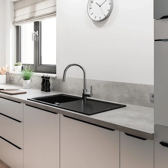 Grohe - Mitigeur de cuisine GET chromé - Bec en C, bec haut - Rotation 150° - Hauteur sous bec 225 mm - Évier