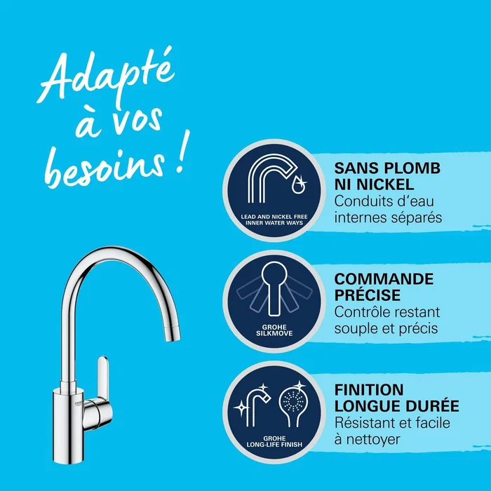 Grohe - Mitigeur de cuisine GET chromé - Bec en C, bec haut - Rotation 150° - Hauteur sous bec 225 mm - Évier