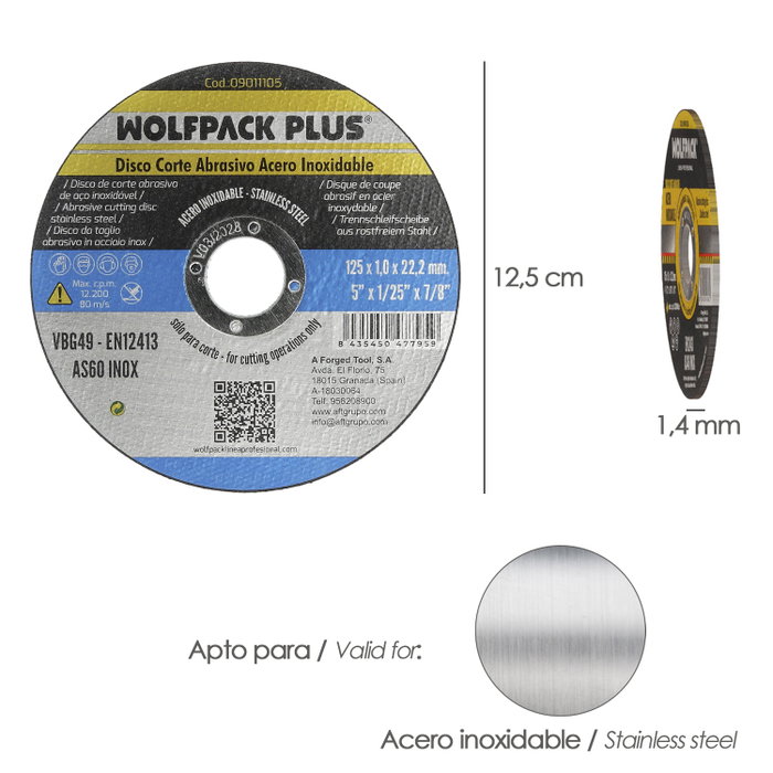 WOLFPACK LINEA PROFESIONAL Disque de coupe abrasif Inox 125x1x22,2 mm WOLFPACK LINEA PROFESIONAL Disque de coupe abrasif Inox 125x1x22,2 mm