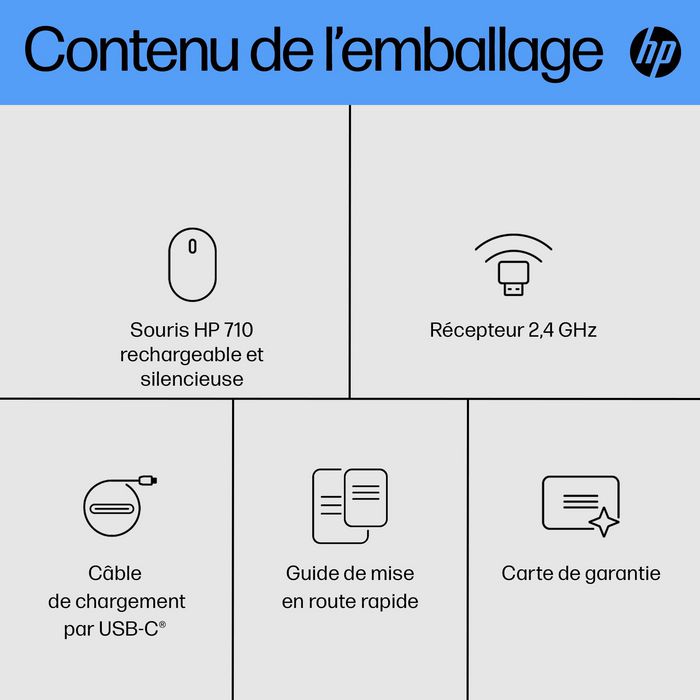 HP 710 Souris Sans Fil Rechargeable Silencieuse - 6 Boutons Programmable, Autonomie 90 Jours, Ambidextre, Bluetooth 5.3/Dongle USB 2.4 GHz, Compatible Mac/Windows/Chrome