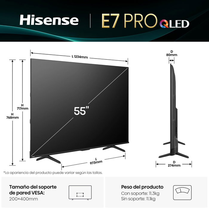 Hisense 55E7Q PRO Smart TV 55 pouces QLED 4K Ultra HD