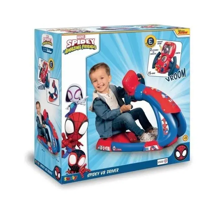 Smoby Simulateur de conduite enfant Spidey V8 Driver avec siège ajustable, sons et lumières - À partir de 3 ans