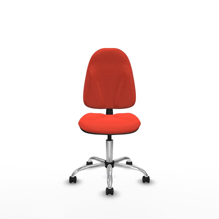 Chaise de bureau Algarra avec mécanisme de contact permanent de base, rembourrée de tissu orange foncé. Équipée d'une base chromée, sans accoudoirs et de roulettes pour parquet.
