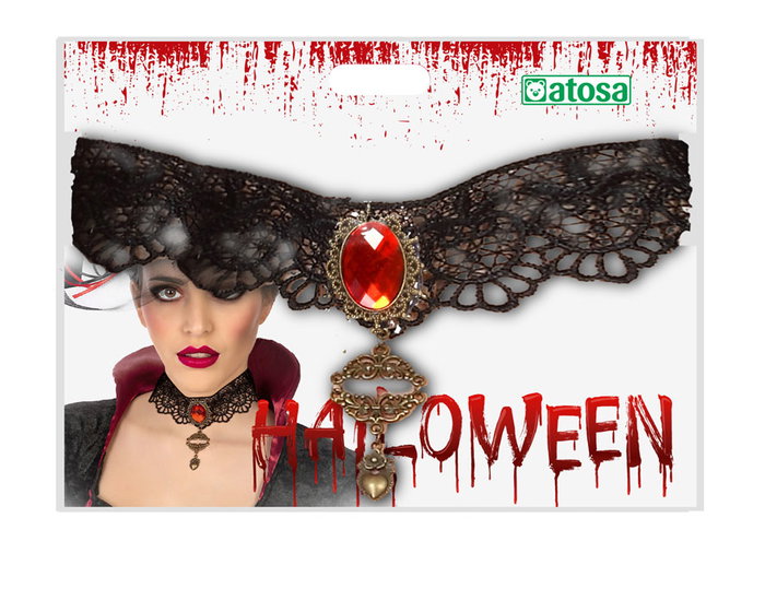 Collier Gargantille Noire Dentelle avec Pierre Rouge pour Halloween, Carnaval, Déguisement Vampiresse Sorcière, Mode Gothique Victorienne