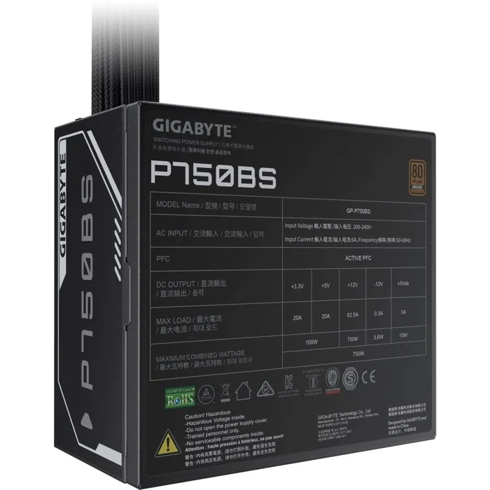 GIGABYTE GP-P750BS 80+ Bronze - Alimentation PC ATX 750W pour Gaming - Certifié 80 PLUS Bronze - Câbles gainés - Ventilateur 120 mm silencieux