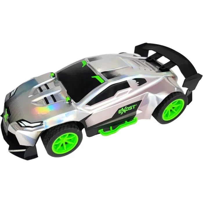 Exost Voiture Télécommandée EXOST Metal Chrome 1:14 - Vitesse 15 km/h, 31*5 cm, Argent et Vert - Pour enfants dès 5 ans