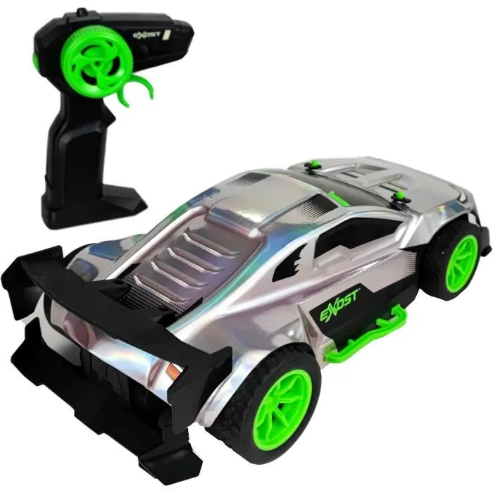 Exost Voiture Télécommandée EXOST Metal Chrome 1:14 - Vitesse 15 km/h, 31*5 cm, Argent et Vert - Pour enfants dès 5 ans