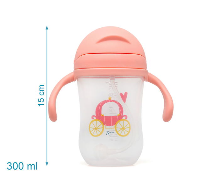 KioKids Tasse d'Apprentissage Étape 3 300 mL Rose avec Poignées et Paille Contrepoids - Anticolique, PP et Silicone sans BPA