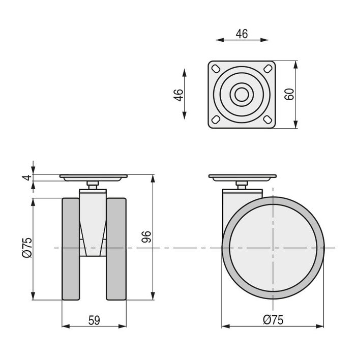 Q&Q Roulette Pivotante Duncan Ø75 H96 Blanche avec Frein