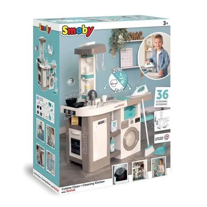 Smoby - Tefal Cuisine Clean - Cuisine Jouet d'Imitation avec 36 Accessoires et Fonctions Sonores - Machine à Café, Four, Frigo, Lave-linge - Pour Enfants dès 3 Ans