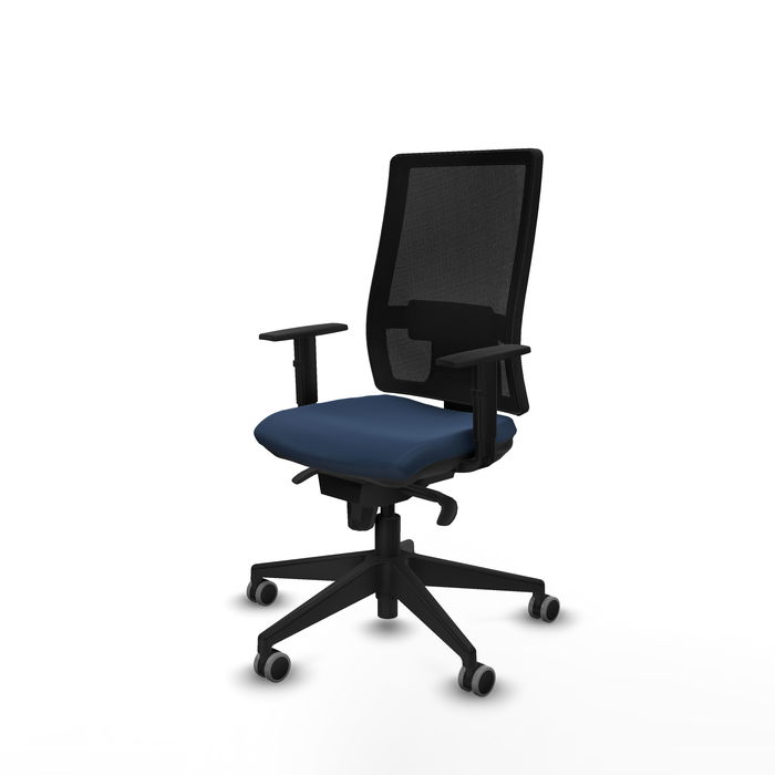 Chaise Horna Synchro 5 positions cuir écologique Bleu foncé Maille Noir Base pyramidale noire Accoudoir 1D Sans appui-tête Roulettes 65mm pour moquette Chaise Horna Synchro 5 positions cuir écologique Bleu foncé Maille Noir Base pyramidale noire Accoudoir 1D Sans appui-tête Roulettes 65mm pour moquette