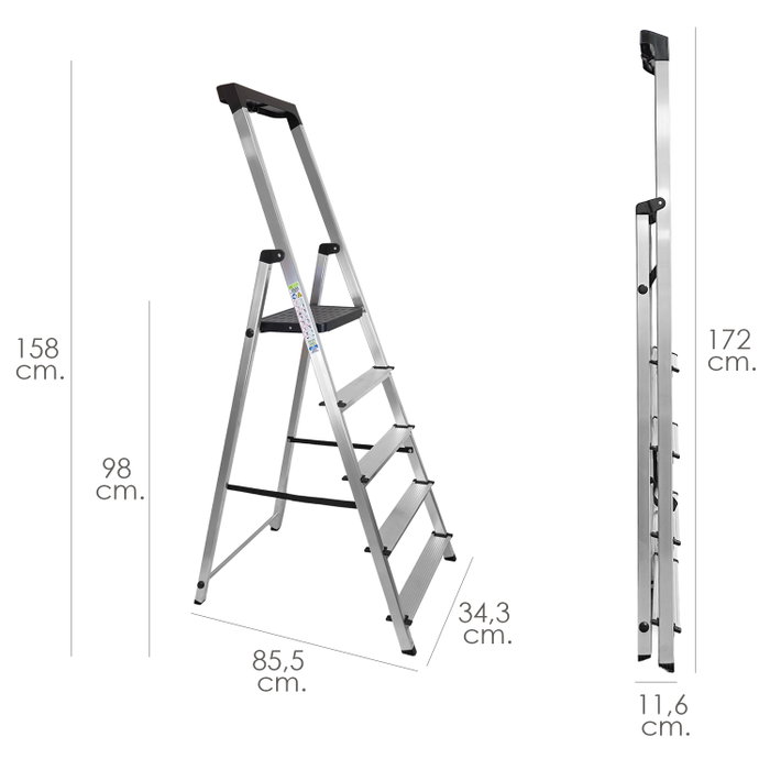 ORYX Échelle en aluminium de 5 marches pour usage domestique certifiée EN 131