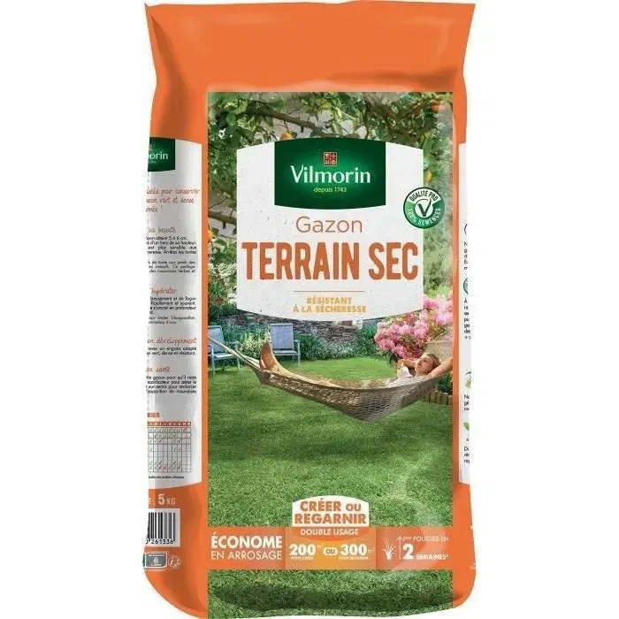Vilmorin Semences de Gazon Rustique pour Terrain Sec - Sac 5 kg - Qualité Professionnelle - Jusqu'à 300 m² de Regarnissage