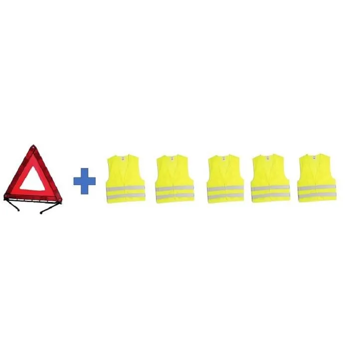Kit sécurité HTC EQUIPEMENTS avec 1 triangle de signalisation 550g et 5 gilets haute visibilité jaune taille XL, 2 bandes réfléchissantes pour la route Kit sécurité HTC EQUIPEMENTS avec 1 triangle de signalisation 550g et 5 gilets haute visibilité jaune taille XL, 2 bandes réfléchissantes pour la route