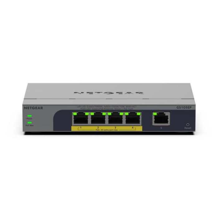 Netgear GS105EP-100EUS - Switch géré Gigabit 5 ports avec PoE+ (30 W), alimentation interne, rackable, GS105EP100EUS