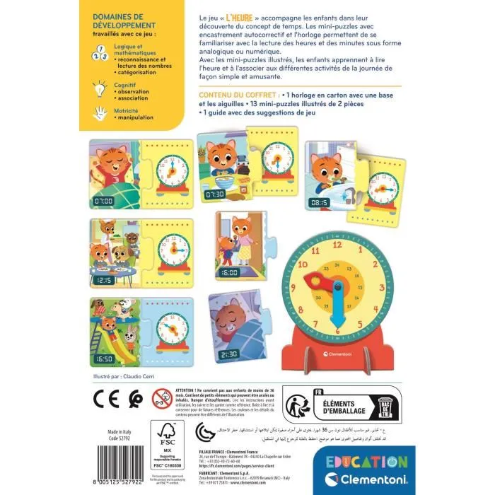 Clementoni - Horloge Éducative d'Apprentissage de l'Heure avec 13 Mini-Puzzles - Jeu Autocorrectif pour Enfants