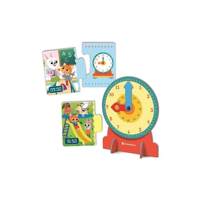 Clementoni - Horloge Éducative d'Apprentissage de l'Heure avec 13 Mini-Puzzles - Jeu Autocorrectif pour Enfants