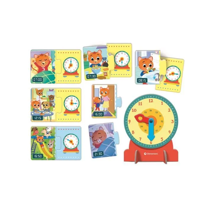 Clementoni - Horloge Éducative d'Apprentissage de l'Heure avec 13 Mini-Puzzles - Jeu Autocorrectif pour Enfants