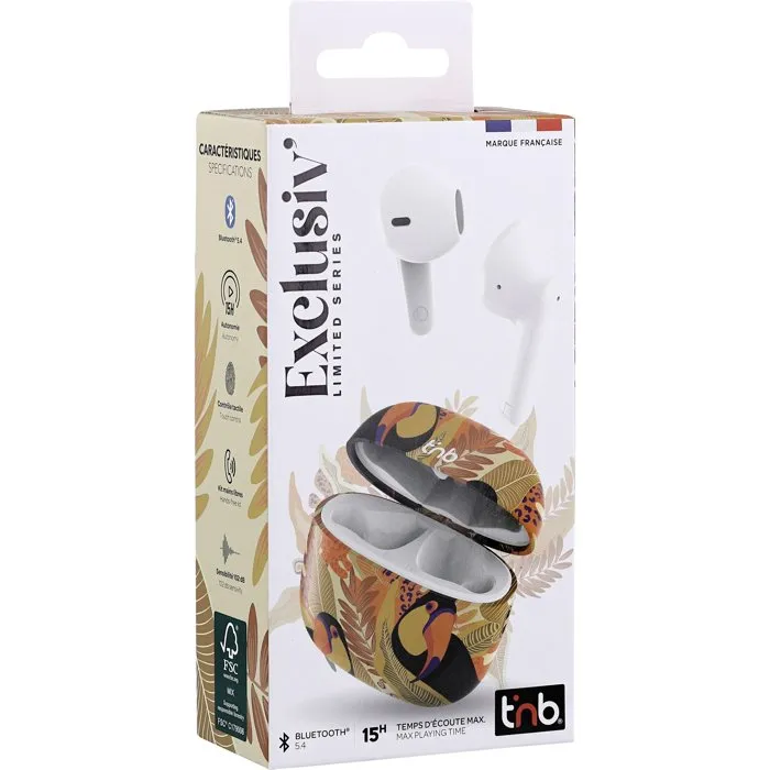 TNB Exclusiv' Ecouteurs Bluetooth Toucan Sans Fil, Autonomie 12h, Chargeur Jaune/Orange, Commande Tactile, Bluetooth 5.3, Semi-Intra-Auriculaires