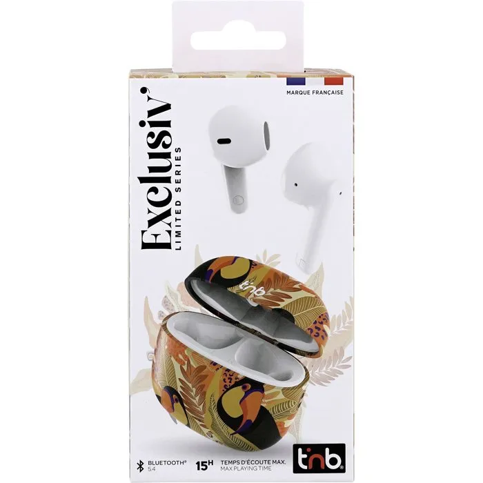 TNB Exclusiv' Ecouteurs Bluetooth Toucan Sans Fil, Autonomie 12h, Chargeur Jaune/Orange, Commande Tactile, Bluetooth 5.3, Semi-Intra-Auriculaires