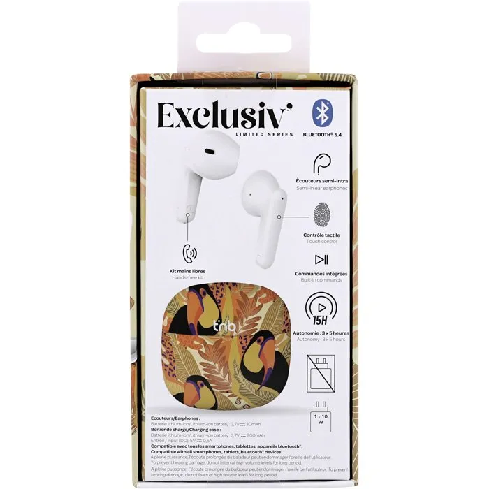 TNB Exclusiv' Ecouteurs Bluetooth Toucan Sans Fil, Autonomie 12h, Chargeur Jaune/Orange, Commande Tactile, Bluetooth 5.3, Semi-Intra-Auriculaires
