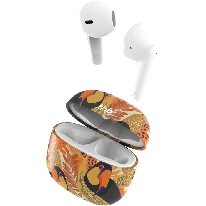 TNB Exclusiv' Ecouteurs Bluetooth Toucan Sans Fil, Autonomie 12h, Chargeur Jaune/Orange, Commande Tactile, Bluetooth 5.3, Semi-Intra-Auriculaires