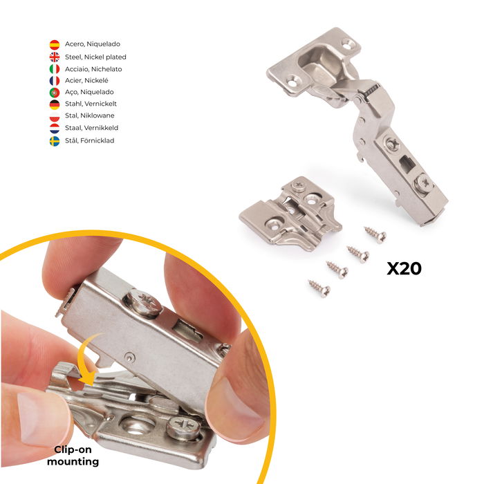 Emuca Lot de 20 charnières super coudées X91 à fermeture amortie avec embases à visser, Hauteur 0, Acier, Nickelé Emuca Lot de 20 charnières super coudées X91 à fermeture amortie avec embases à visser, Hauteur 0, Acier, Nickelé
