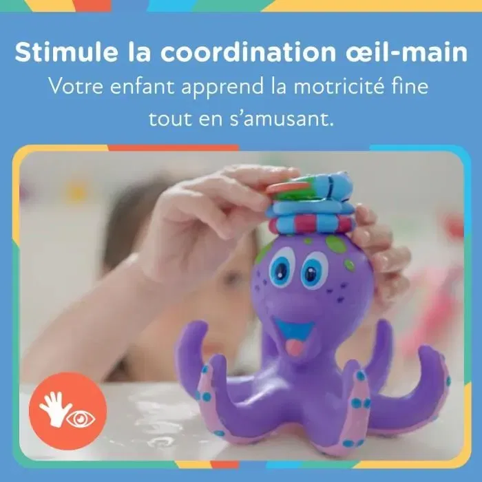 Nuby - Jouet de bain - Pieuvre interactive flottante avec anneaux - Violet - Pour bébé et enfant - Développe la coordination œil-main