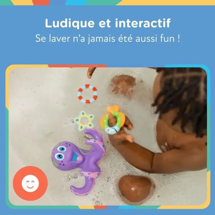 Nuby - Jouet de bain - Pieuvre interactive flottante avec anneaux - Violet - Pour bébé et enfant - Développe la coordination œil-main