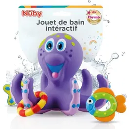 Nuby - Jouet de bain - Pieuvre interactive flottante avec anneaux - Violet - Pour bébé et enfant - Développe la coordination œil-main