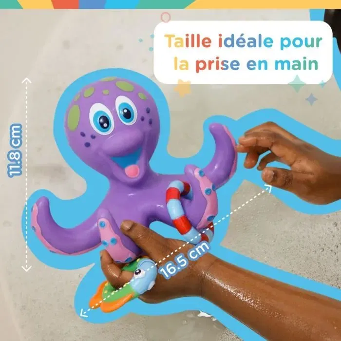 Nuby - Jouet de bain - Pieuvre interactive flottante avec anneaux - Violet - Pour bébé et enfant - Développe la coordination œil-main