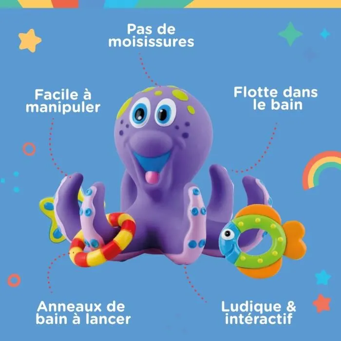 Nuby - Jouet de bain - Pieuvre interactive flottante avec anneaux - Violet - Pour bébé et enfant - Développe la coordination œil-main