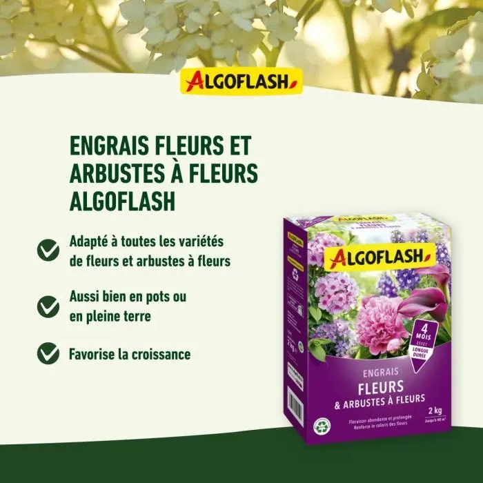 Algoflash Naturasol Engrais granulé pour Fleurs et Arbustes à Fleurs 2 kg - Riche en potasse pour floraison prolongée et croissance régulière