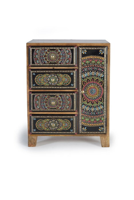 GINER Y COLOMER - Buffet téléphonique en bois de manguier avec 4 tiroirs et 1 porte, détails peints à la main, 60x45x30 cm (LxHxP), naturel et multicolore