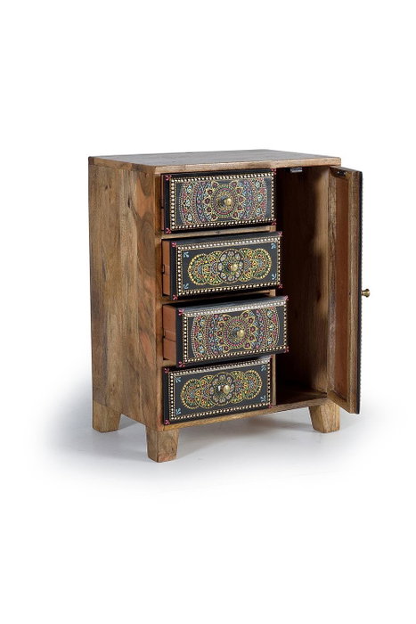 GINER Y COLOMER - Buffet téléphonique en bois de manguier avec 4 tiroirs et 1 porte, détails peints à la main, 60x45x30 cm (LxHxP), naturel et multicolore
