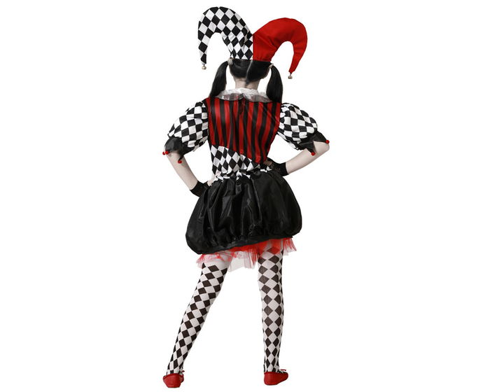 Disfraz - Déguisement Arlequin Arlequina, Robe et Bonnet à Carreaux et Rayures Rouge et Noir pour Fille 10-12 Ans - Idéal Halloween, Carnaval