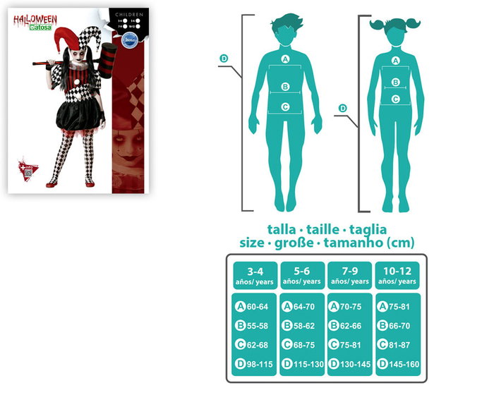 Disfraz - Déguisement Arlequin Arlequina, Robe et Bonnet à Carreaux et Rayures Rouge et Noir pour Fille 10-12 Ans - Idéal Halloween, Carnaval