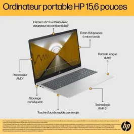 HP PC Portable 15-fc0156nf 15.6" FHD IPS, AMD Ryzen 7 7730U, 32 Go RAM, 512 Go SSD, Windows 11, Clavier AZERTY