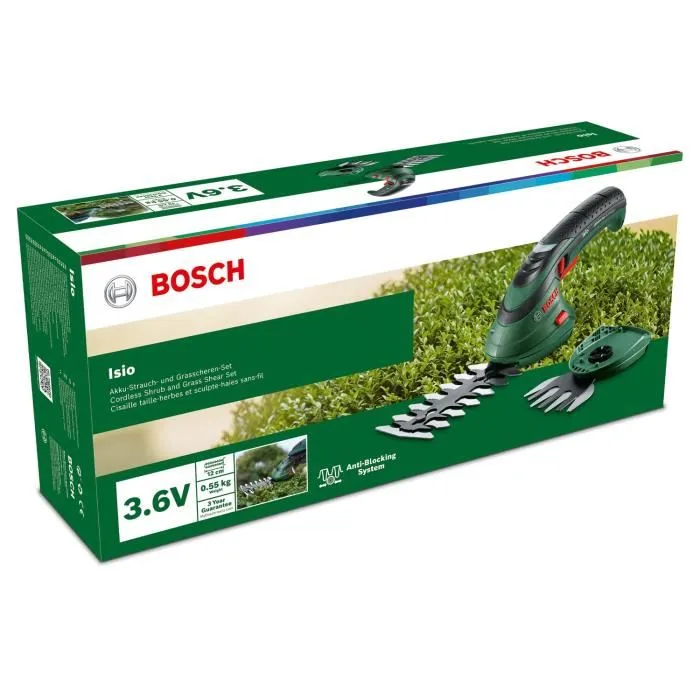 Bosch ISIO - Taille-herbes sans fil multifonctions 3.6V avec batterie Li-Ion et set de 2 lames Multi-Click (8 cm, 12 cm)