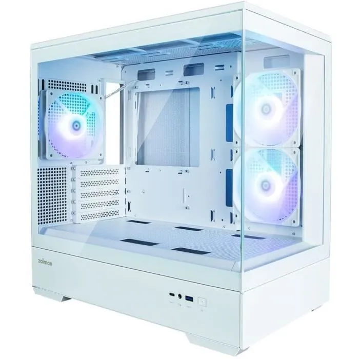 Zalman P30 Boîtier PC Blanc Micro-ATX/Mini-ITX avec 3 Ventilateurs LED A-RGB, 2 Panneaux Verre Trempé et Façade Mesh, Ports USB Type-C et Audio HD