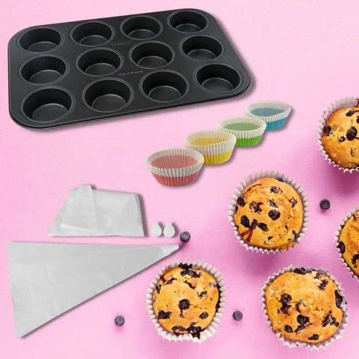 Zenker Ensemble pâtisserie 3 pièces pour muffins et cupcakes - Moule 12 empreintes en inox NIROSTA, 100 moules papier, 20 poches à douilles et 3 embouts