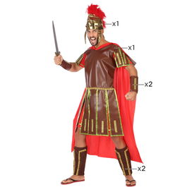 Costume Gladiateur Romain Homme Adulte Taille XS-S - Capuche Rouge, Tunique Brune, Casque, Protèges-poignets et Tibias - Polyester