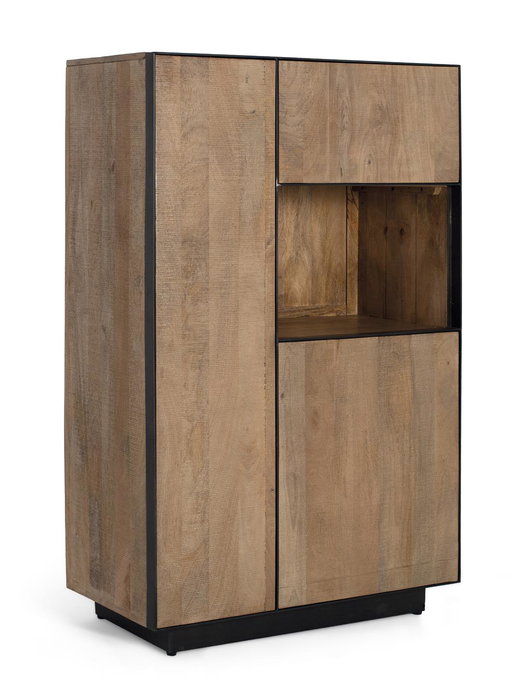 GINER Y COLOMER Buffet Haut en Bois de Mango Naturel 190 cm avec Ouverture à Pression et Cadre Métallique Noir - 90 x 47 x 141 cm