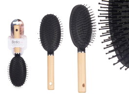 Berilo Brosse à Cheveux Ovale Manche en Bois 7x25x4 cm Plastique Silicone Noir (Set de 24)