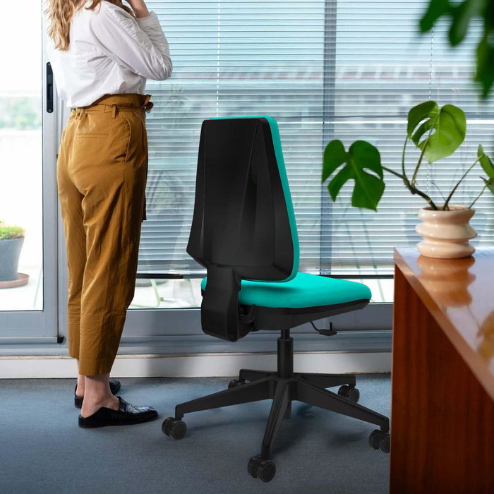 Chaise Elche Contact permament de base Cuir écologique Bleu Base pyramidale noire Sans accoudoirs Sans appui-tête Roulettes 65mm nylon